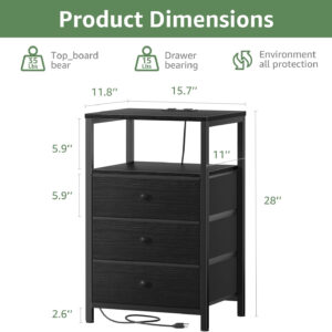 BOLUO White Nightstand with Charging Station, LED Night Stand with 2 Fabric Drawers, Bedside Table with USB Ports and Outlets, Nightstand for Bedroom Modern