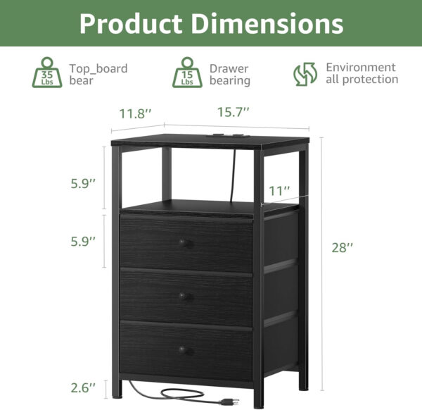 BOLUO White Nightstand with Charging Station, LED Night Stand with 2 Fabric Drawers, Bedside Table with USB Ports and Outlets, Nightstand for Bedroom Modern