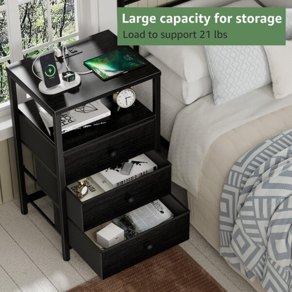 BOLUO White Nightstand with Charging Station, LED Night Stand with 2 Fabric Drawers, Bedside Table with USB Ports and Outlets, Nightstand for Bedroom Modern