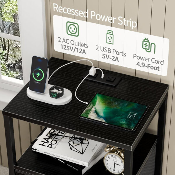 BOLUO White Nightstand with Charging Station, LED Night Stand with 2 Fabric Drawers, Bedside Table with USB Ports and Outlets, Nightstand for Bedroom Modern