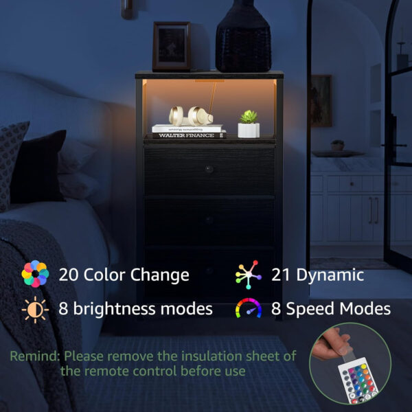 BOLUO White Nightstand with Charging Station, LED Night Stand with 2 Fabric Drawers, Bedside Table with USB Ports and Outlets, Nightstand for Bedroom Modern