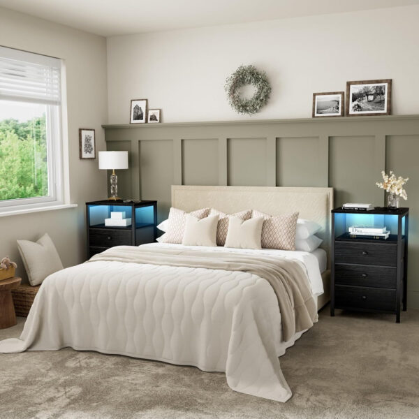 BOLUO White Nightstand with Charging Station, LED Night Stand with 2 Fabric Drawers, Bedside Table with USB Ports and Outlets, Nightstand for Bedroom Modern