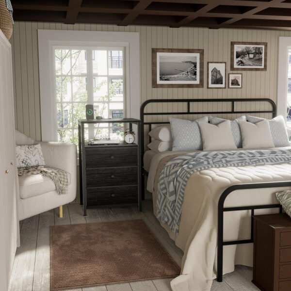 BOLUO White Nightstand with Charging Station, LED Night Stand with 2 Fabric Drawers, Bedside Table with USB Ports and Outlets, Nightstand for Bedroom Modern