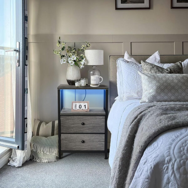 BOLUO White Nightstand with Charging Station, LED Night Stand with 2 Fabric Drawers, Bedside Table with USB Ports and Outlets, Nightstand for Bedroom Modern