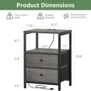 BOLUO White Nightstand with Charging Station, LED Night Stand with 2 Fabric Drawers, Bedside Table with USB Ports and Outlets, Nightstand for Bedroom Modern