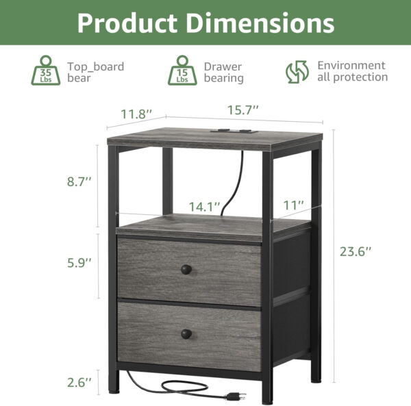 BOLUO White Nightstand with Charging Station, LED Night Stand with 2 Fabric Drawers, Bedside Table with USB Ports and Outlets, Nightstand for Bedroom Modern