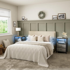 BOLUO White Nightstand with Charging Station, LED Night Stand with 2 Fabric Drawers, Bedside Table with USB Ports and Outlets, Nightstand for Bedroom Modern