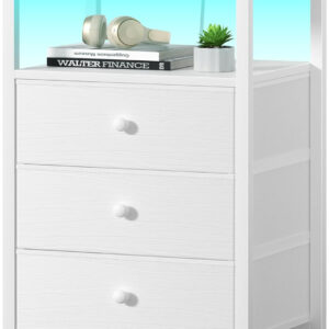 BOLUO White Nightstand with Charging Station, LED Night Stand with 2 Fabric Drawers, Bedside Table with USB Ports and Outlets, Nightstand for Bedroom Modern