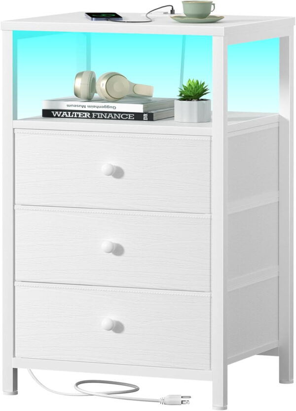 BOLUO White Nightstand with Charging Station, LED Night Stand with 2 Fabric Drawers, Bedside Table with USB Ports and Outlets, Nightstand for Bedroom Modern