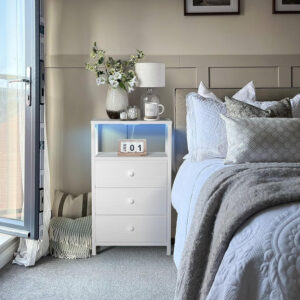 BOLUO White Nightstand with Charging Station, LED Night Stand with 2 Fabric Drawers, Bedside Table with USB Ports and Outlets, Nightstand for Bedroom Modern