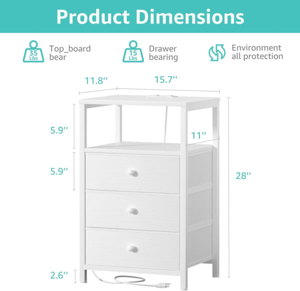 BOLUO White Nightstand with Charging Station, LED Night Stand with 2 Fabric Drawers, Bedside Table with USB Ports and Outlets, Nightstand for Bedroom Modern