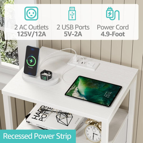 BOLUO White Nightstand with Charging Station, LED Night Stand with 2 Fabric Drawers, Bedside Table with USB Ports and Outlets, Nightstand for Bedroom Modern