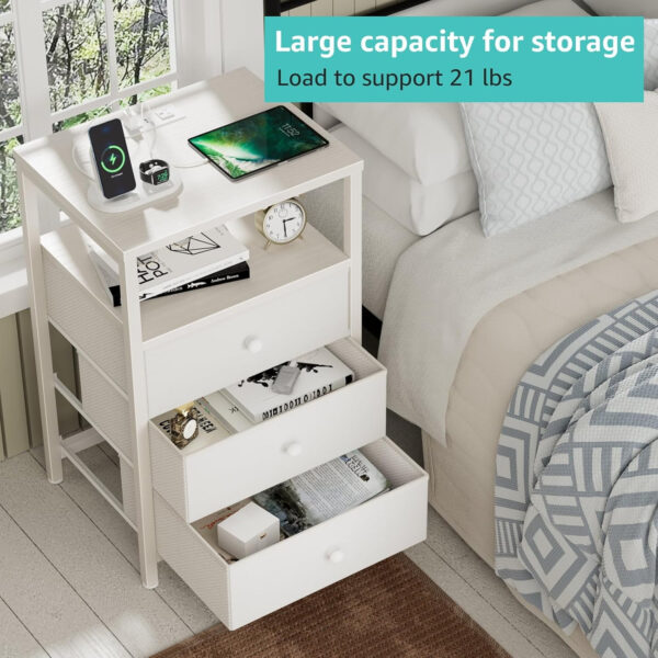 BOLUO White Nightstand with Charging Station, LED Night Stand with 2 Fabric Drawers, Bedside Table with USB Ports and Outlets, Nightstand for Bedroom Modern