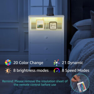 BOLUO White Nightstand with Charging Station, LED Night Stand with 2 Fabric Drawers, Bedside Table with USB Ports and Outlets, Nightstand for Bedroom Modern