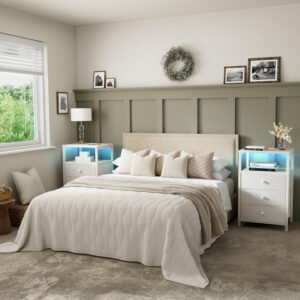 BOLUO White Nightstand with Charging Station, LED Night Stand with 2 Fabric Drawers, Bedside Table with USB Ports and Outlets, Nightstand for Bedroom Modern