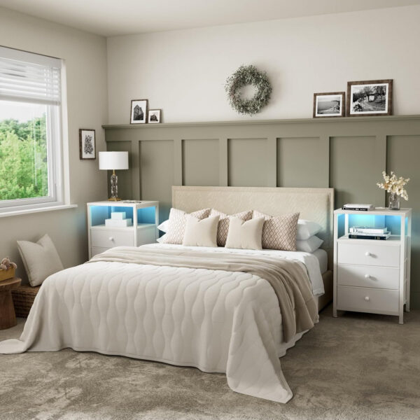 BOLUO White Nightstand with Charging Station, LED Night Stand with 2 Fabric Drawers, Bedside Table with USB Ports and Outlets, Nightstand for Bedroom Modern