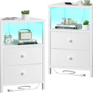 BOLUO White Nightstand with Charging Station, LED Night Stand with 2 Fabric Drawers, Bedside Table with USB Ports and Outlets, Nightstand for Bedroom Modern