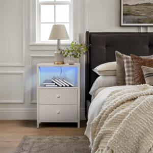 BOLUO White Nightstand with Charging Station, LED Night Stand with 2 Fabric Drawers, Bedside Table with USB Ports and Outlets, Nightstand for Bedroom Modern