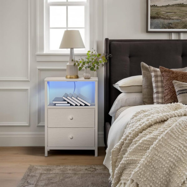 BOLUO White Nightstand with Charging Station, LED Night Stand with 2 Fabric Drawers, Bedside Table with USB Ports and Outlets, Nightstand for Bedroom Modern