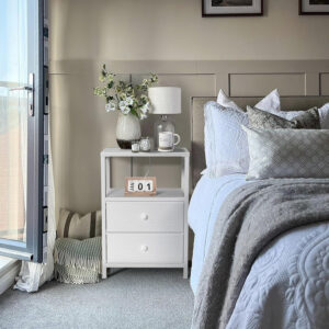 BOLUO White Nightstand with Charging Station, LED Night Stand with 2 Fabric Drawers, Bedside Table with USB Ports and Outlets, Nightstand for Bedroom Modern