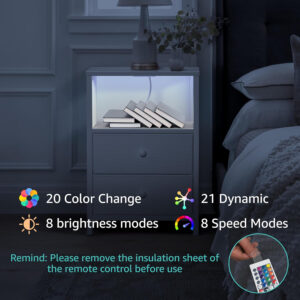 BOLUO White Nightstand with Charging Station, LED Night Stand with 2 Fabric Drawers, Bedside Table with USB Ports and Outlets, Nightstand for Bedroom Modern