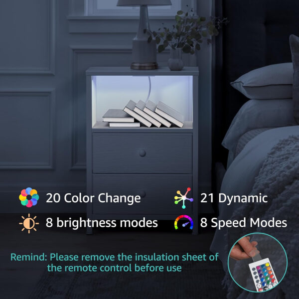 BOLUO White Nightstand with Charging Station, LED Night Stand with 2 Fabric Drawers, Bedside Table with USB Ports and Outlets, Nightstand for Bedroom Modern