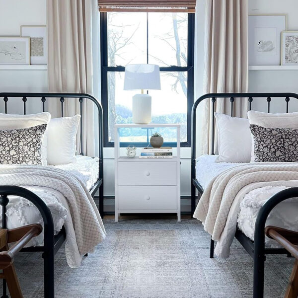 BOLUO White Nightstand with Charging Station, LED Night Stand with 2 Fabric Drawers, Bedside Table with USB Ports and Outlets, Nightstand for Bedroom Modern