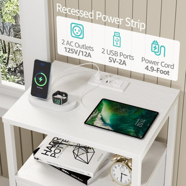 BOLUO White Nightstand with Charging Station, LED Night Stand with 2 Fabric Drawers, Bedside Table with USB Ports and Outlets, Nightstand for Bedroom Modern