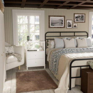 BOLUO White Nightstand with Charging Station, LED Night Stand with 2 Fabric Drawers, Bedside Table with USB Ports and Outlets, Nightstand for Bedroom Modern