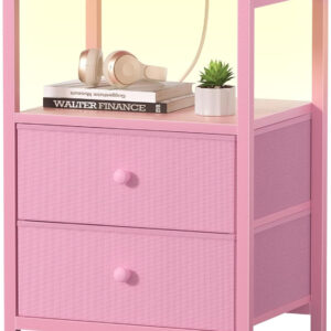 BOLUO White Nightstand with Charging Station, LED Night Stand with 2 Fabric Drawers, Bedside Table with USB Ports and Outlets, Nightstand for Bedroom Modern