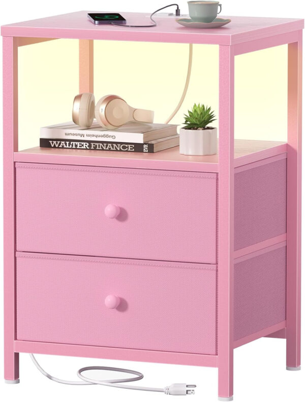 BOLUO White Nightstand with Charging Station, LED Night Stand with 2 Fabric Drawers, Bedside Table with USB Ports and Outlets, Nightstand for Bedroom Modern