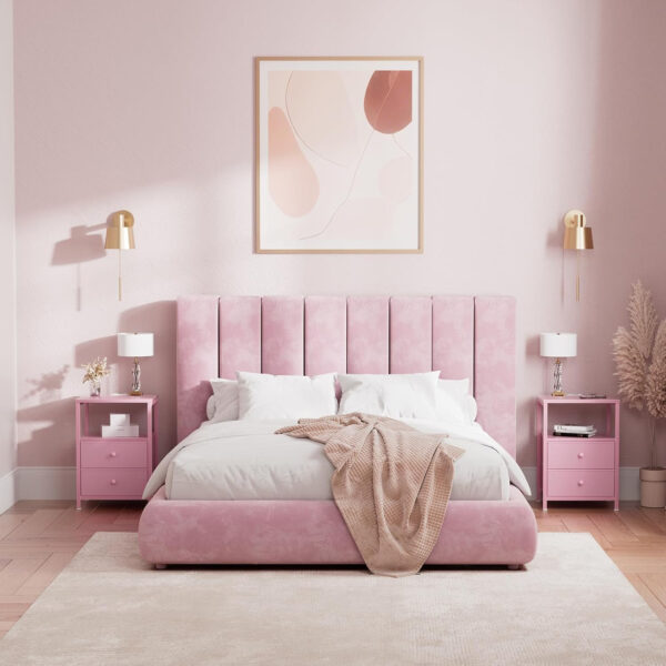 BOLUO White Nightstand with Charging Station, LED Night Stand with 2 Fabric Drawers, Bedside Table with USB Ports and Outlets, Nightstand for Bedroom Modern