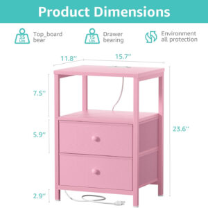 BOLUO White Nightstand with Charging Station, LED Night Stand with 2 Fabric Drawers, Bedside Table with USB Ports and Outlets, Nightstand for Bedroom Modern