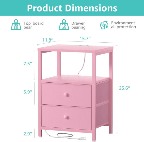 BOLUO White Nightstand with Charging Station, LED Night Stand with 2 Fabric Drawers, Bedside Table with USB Ports and Outlets, Nightstand for Bedroom Modern