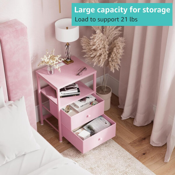 BOLUO White Nightstand with Charging Station, LED Night Stand with 2 Fabric Drawers, Bedside Table with USB Ports and Outlets, Nightstand for Bedroom Modern