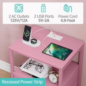 BOLUO White Nightstand with Charging Station, LED Night Stand with 2 Fabric Drawers, Bedside Table with USB Ports and Outlets, Nightstand for Bedroom Modern