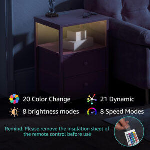 BOLUO White Nightstand with Charging Station, LED Night Stand with 2 Fabric Drawers, Bedside Table with USB Ports and Outlets, Nightstand for Bedroom Modern