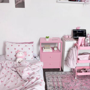 BOLUO White Nightstand with Charging Station, LED Night Stand with 2 Fabric Drawers, Bedside Table with USB Ports and Outlets, Nightstand for Bedroom Modern