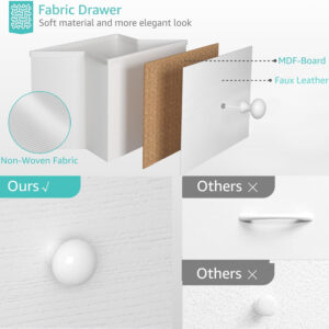 BOLUO White Nightstand with Charging Station, LED Night Stand with 2 Fabric Drawers, Bedside Table with USB Ports and Outlets, Nightstand for Bedroom Modern