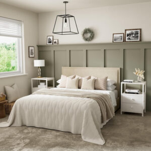 BOLUO White Nightstand with Charging Station, LED Night Stand with 2 Fabric Drawers, Bedside Table with USB Ports and Outlets, Nightstand for Bedroom Modern