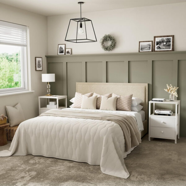 BOLUO White Nightstand with Charging Station, LED Night Stand with 2 Fabric Drawers, Bedside Table with USB Ports and Outlets, Nightstand for Bedroom Modern