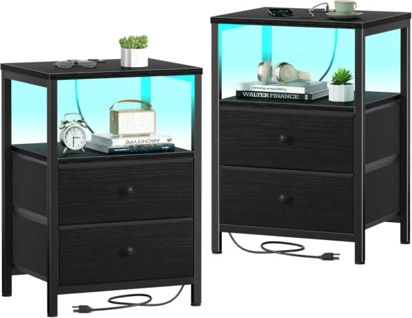 BOLUO White Nightstand with Charging Station, LED Night Stand with 2 Fabric Drawers, Bedside Table with USB Ports and Outlets, Nightstand for Bedroom Modern
