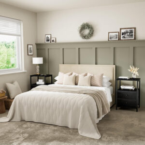 BOLUO White Nightstand with Charging Station, LED Night Stand with 2 Fabric Drawers, Bedside Table with USB Ports and Outlets, Nightstand for Bedroom Modern