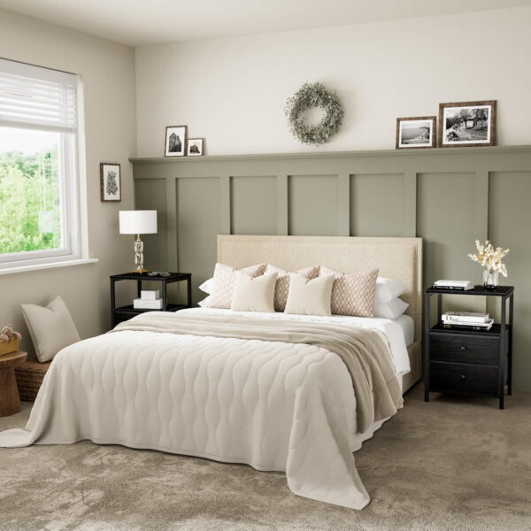 BOLUO White Nightstand with Charging Station, LED Night Stand with 2 Fabric Drawers, Bedside Table with USB Ports and Outlets, Nightstand for Bedroom Modern