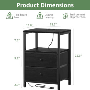 BOLUO White Nightstand with Charging Station, LED Night Stand with 2 Fabric Drawers, Bedside Table with USB Ports and Outlets, Nightstand for Bedroom Modern