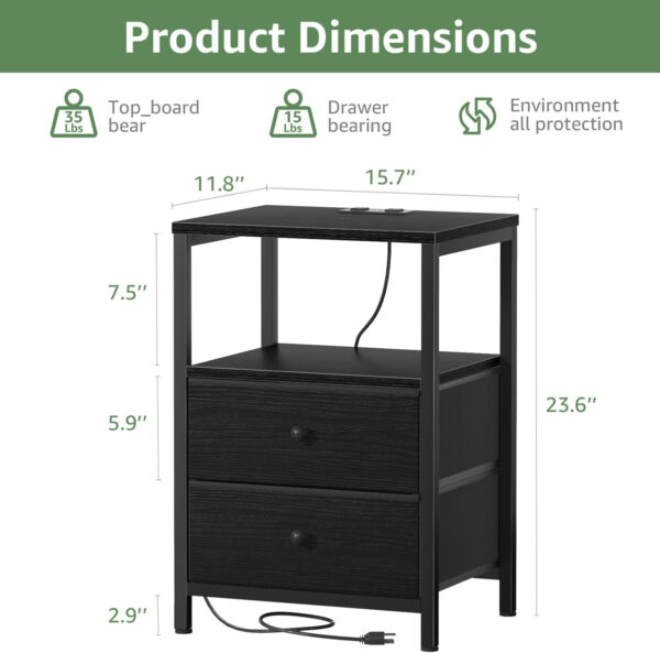 BOLUO White Nightstand with Charging Station, LED Night Stand with 2 Fabric Drawers, Bedside Table with USB Ports and Outlets, Nightstand for Bedroom Modern