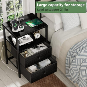 BOLUO White Nightstand with Charging Station, LED Night Stand with 2 Fabric Drawers, Bedside Table with USB Ports and Outlets, Nightstand for Bedroom Modern