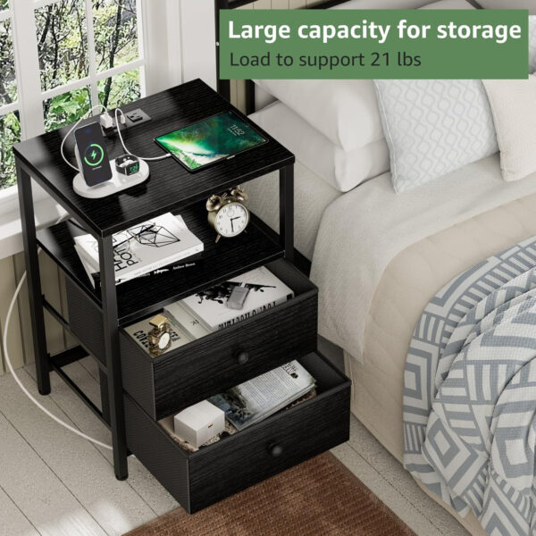 BOLUO White Nightstand with Charging Station, LED Night Stand with 2 Fabric Drawers, Bedside Table with USB Ports and Outlets, Nightstand for Bedroom Modern