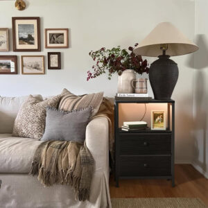 BOLUO White Nightstand with Charging Station, LED Night Stand with 2 Fabric Drawers, Bedside Table with USB Ports and Outlets, Nightstand for Bedroom Modern