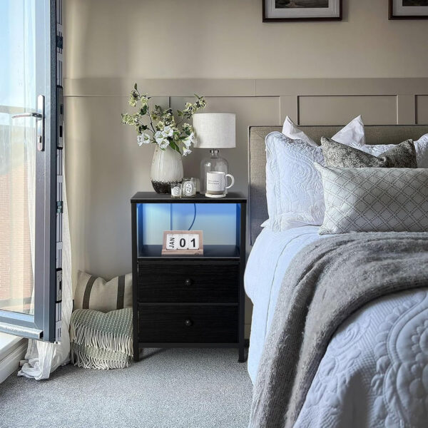 BOLUO White Nightstand with Charging Station, LED Night Stand with 2 Fabric Drawers, Bedside Table with USB Ports and Outlets, Nightstand for Bedroom Modern